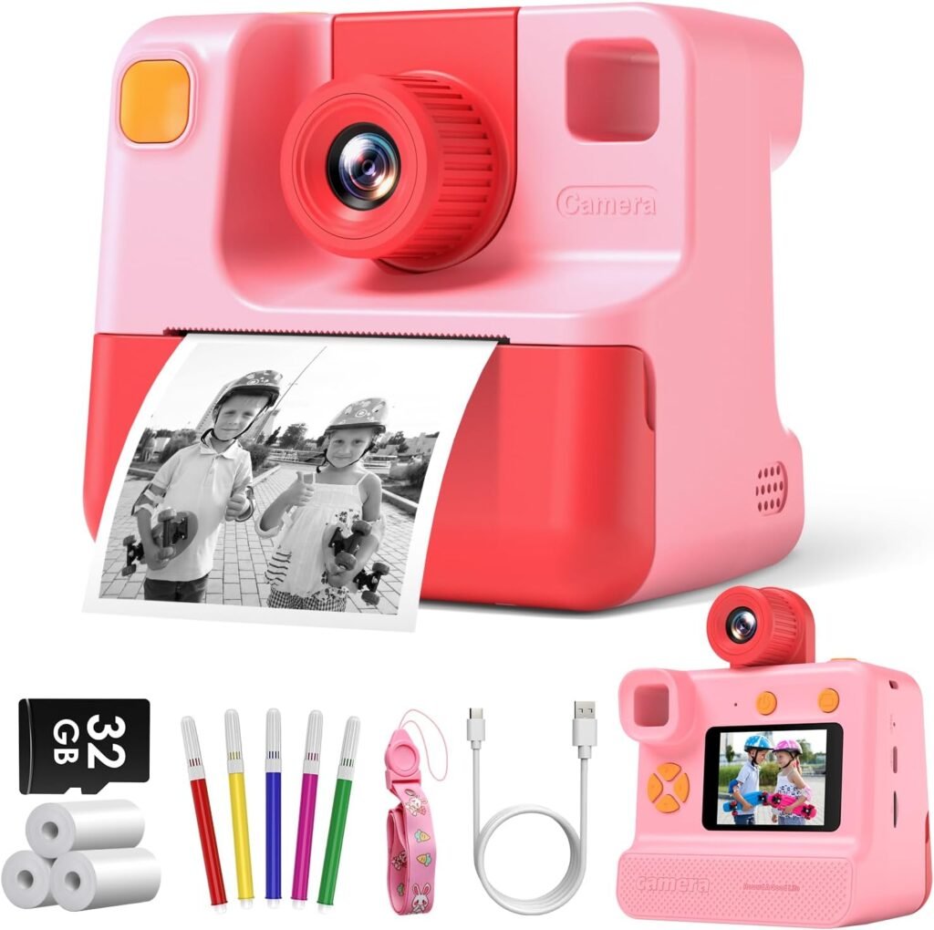 GREENKINDER Kids Camera Instant Print, 180° Lens Flip Selfie Kids Camera, Instant Camera for Kids with 32GB Card, Print Paper, Christmas Birthday Gifts Digital Camera for Girls Age 3-12 (Pink)