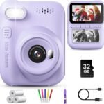 GREENKINDER Kids Camera Instant Print, 3.0” Large Screen Instant Camera for Kids with 32GB Card & 3 Rolls Print Paper, 1080P Kids Selfie Digital Camera, Gift Toy for Boys Girls 3-12 Years Old, Purple