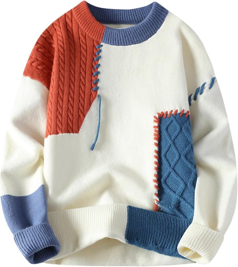 GURUNVANI Patchwork Sweater Mens Colorblock Jumper Cable Knitted Pullover Oversized