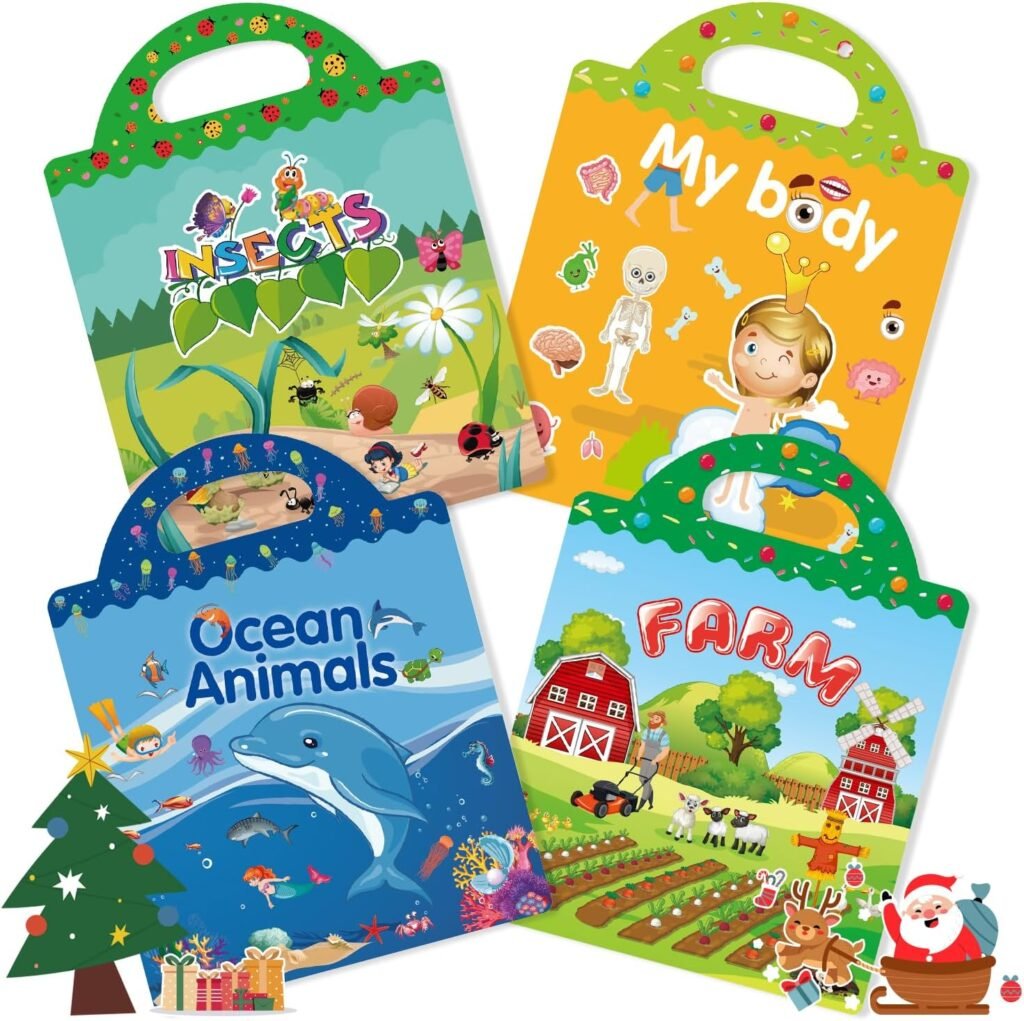 GUYUCOM 4 Pack Reusable Sticker Books, Toys for Age 2 3 4 Year Old Kids Boys Toddlers, 3D Clear Ocean Boay Insect Farm Sticker Book Educational Learning Toy Birthday Gifts