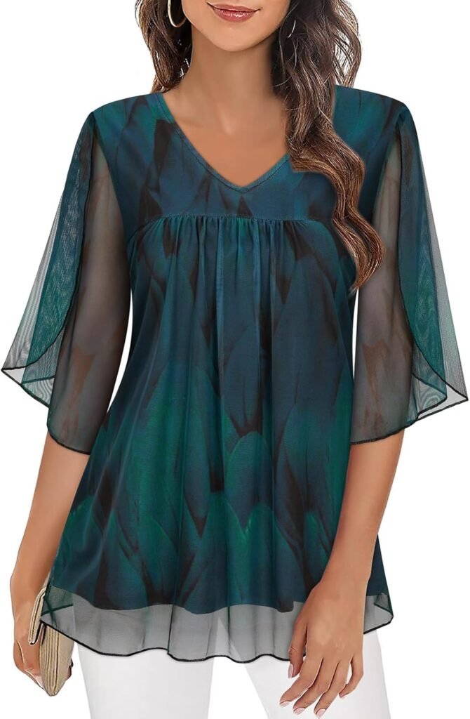 Gemulate Blouses Tops for Women UK Ladies V Neck Ruffle Sleeve Shirts Double Layered Mesh Dressy Tunics Top M-3XL
