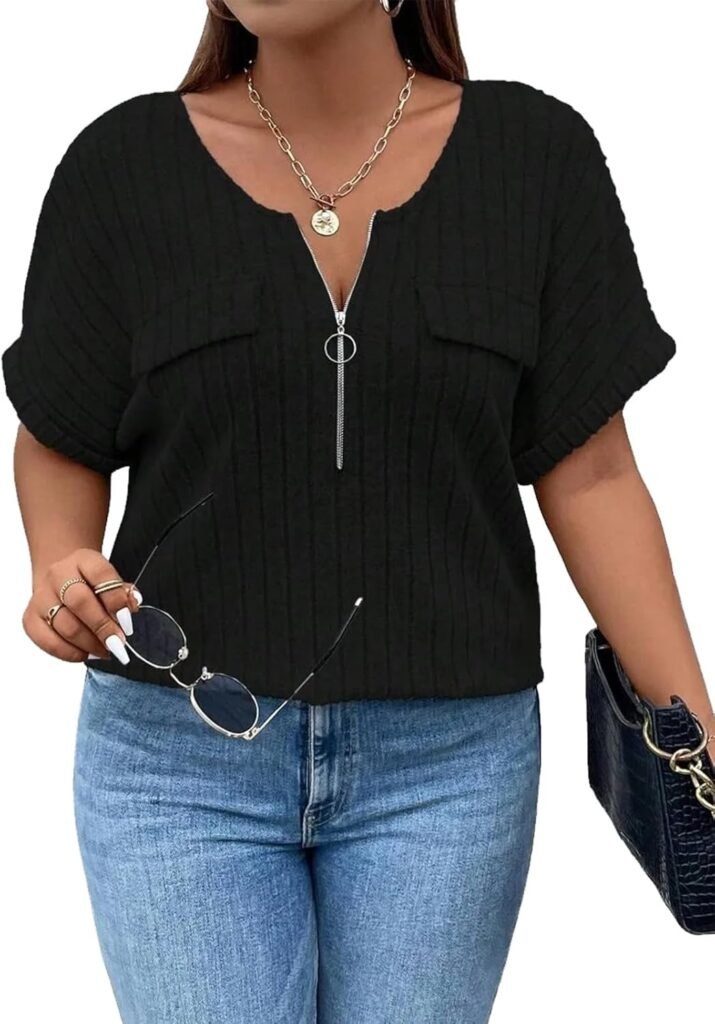 Gemulate Plus Size Tops for Women V Neck Zipper Plus Size Ladies Tops Ribbed Short Sleeve Tunic Tops Loose Casual Lightweight T Shirt Blouses XL-5XL Gemulate Plus Size Tops for Women V Neck Zipper Plus Size Ladies Tops Ribbed Short Sleeve Tunic Tops Loose Casual Lightweight T Shirt Blouses XL-5XL