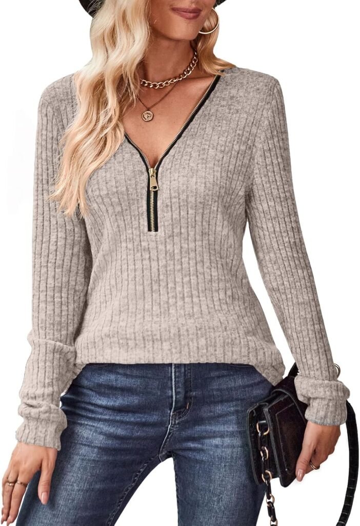 Gemulate Womens Long Sleeve Tops Ladies Lightweight Knit Jumpers V Neck Zipper Sweaters Casual Striped Sweatshirts Tshirt
