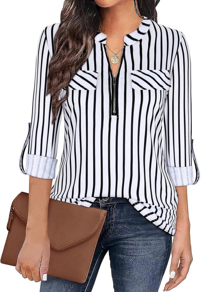 Gemulate Womens Tops 3/4 Sleeve Tops for Women Polo Top Floral Printed Shirts with Zip Up V Neck Tunic Blouse Basic Tops