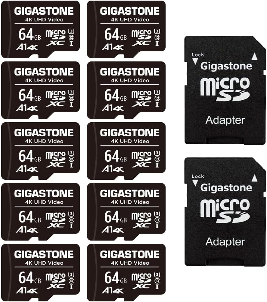 Gigastone 64GB 10-Pack Micro SD Card, 4K UHD Video, Surveillance Security Cam Action Camera Drone Professional, 90MB/s Micro SDXC UHS-I A1 Class 10