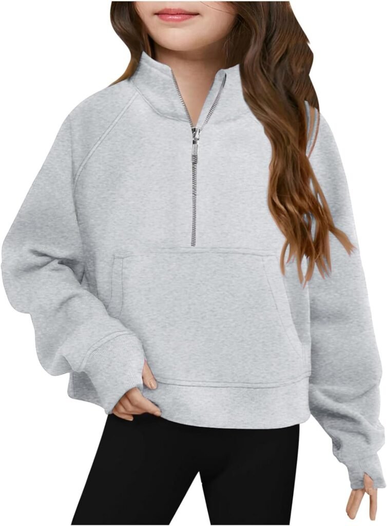 Girls Half Zip Sweatshirt Fleece Quarter Zip Pullover Sweatshirts Autumn Clothes for Teen Girls Thumb Hole Sweatshirts For 5-14 Years