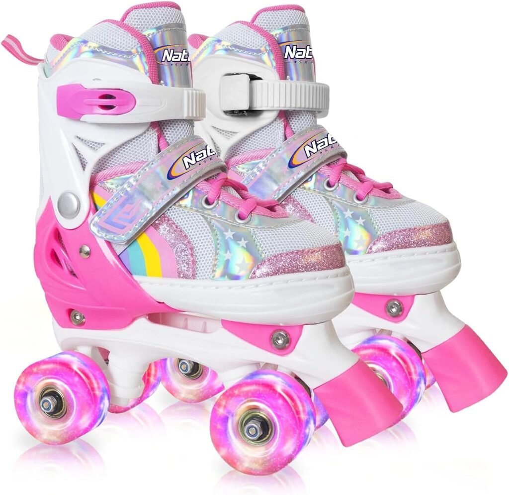 Girls Roller Skates for Little Kids Toddler Ages 3-8, 4 Size Adjustable Rainbow Quad Skates with All Light Up Wheels for Outdoor Sports