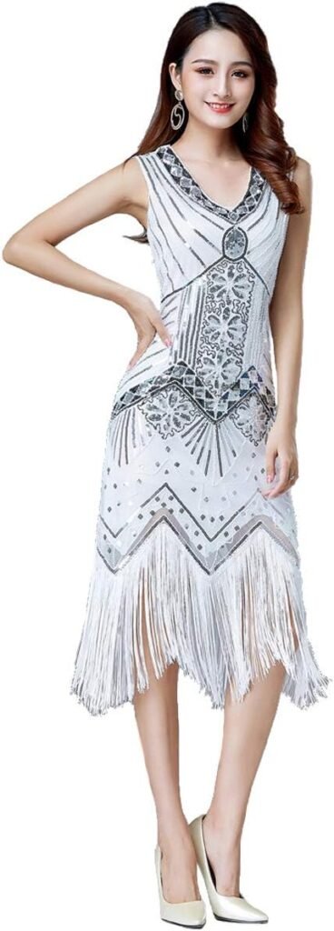 Grouptap 1920s white v-neck flapper gatsby sequins fringed formal long dress for womens 1920 fancy wedding costume