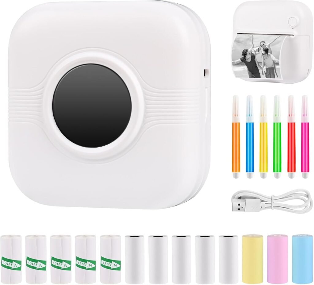 GuKKK Mini Printer, Mobile Photo Printer, Portable, Wireless Thermal Printer, with 13 Rolls of Printer Paper and 6 Colouring Pencils, Smartphone Bluetooth, for List, Journal