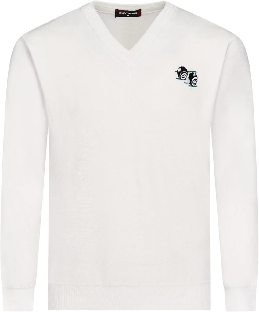 Guvnors Men Bowling Jumper Knitted V Neck Top White Jumper Sweater Top Bowls Logo On The Front