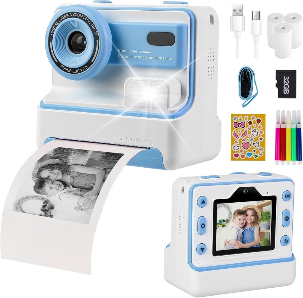 HOMELYLIFE Kids Camera Instant Print, Digital Camera for Kids with 32GB SD Card and No Ink Print Paper, 1080P HD Video Camera with Color Pens for DIY, Toy Gift for 3-14 Years Old Girls Boys