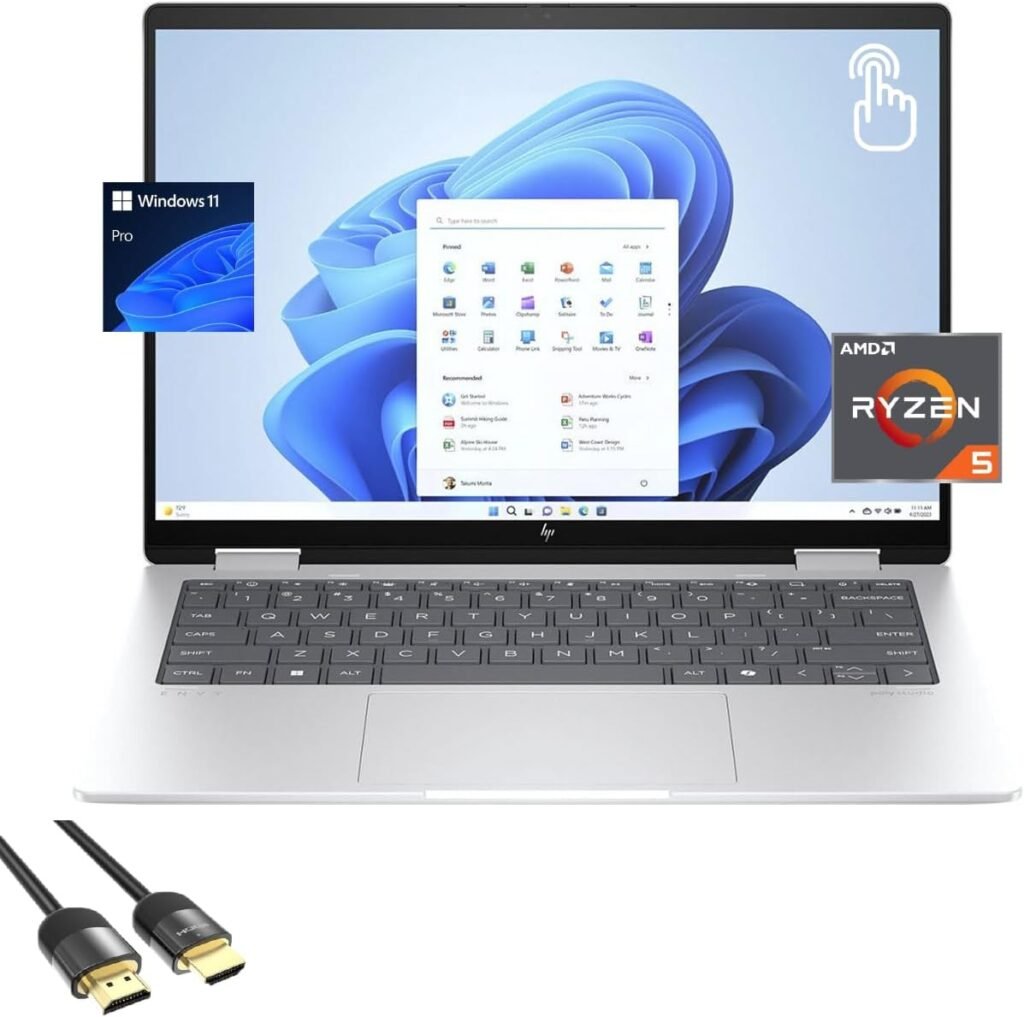 HP Envy 2-in-1 Laptop, 14″ WUXGA IPS Touchscreen Display, Ryzen 5 8640HS, 16GB DDR5, 512GB PCIe 4.0, Backlit KB, WiFi 6E, USB-C, BT, HDMI, Long Battery Life, US Version KB, PDG HDMI, Win 11 Pro