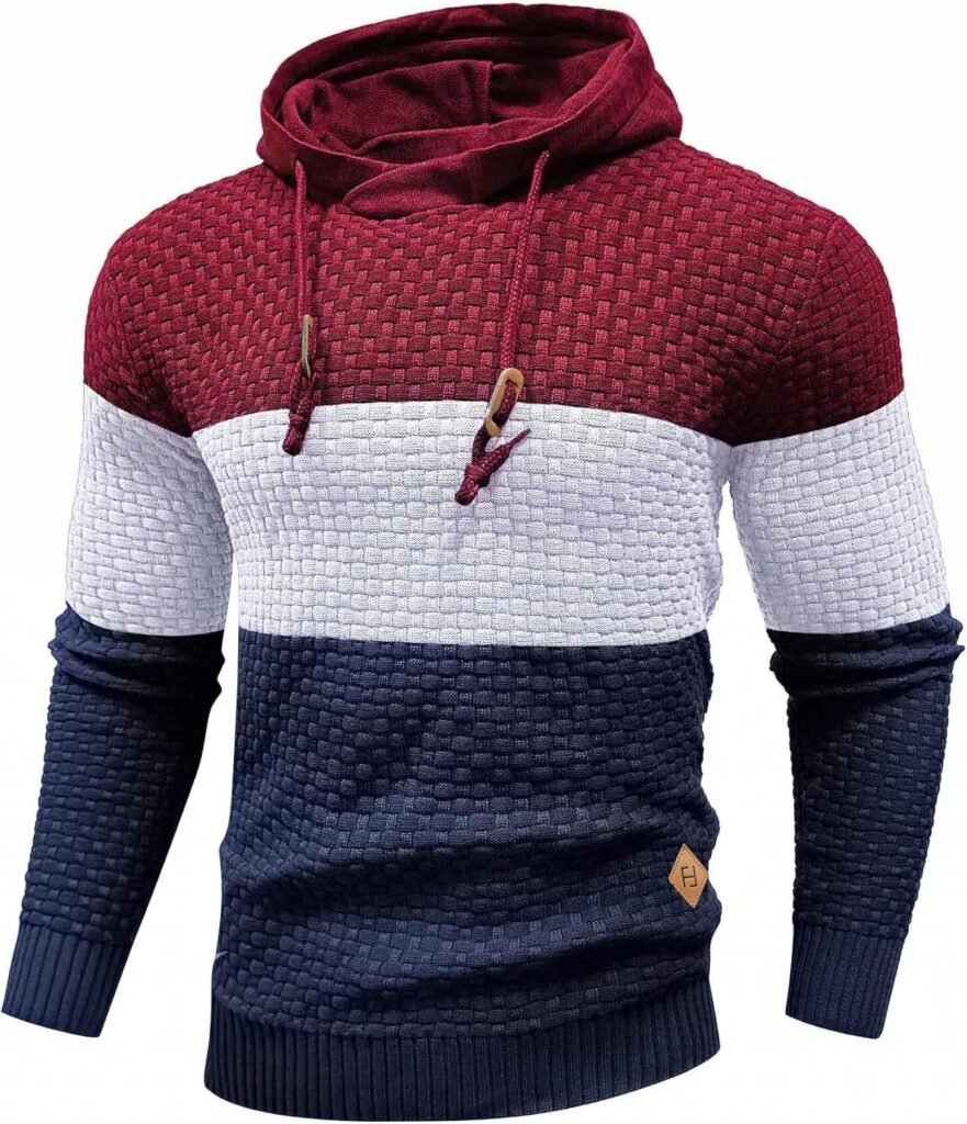 HYPESTFIT Men’s Hoodies Pullover Long Sleeve Hooded Colour Block Knitted Sweatshirt Top Casual