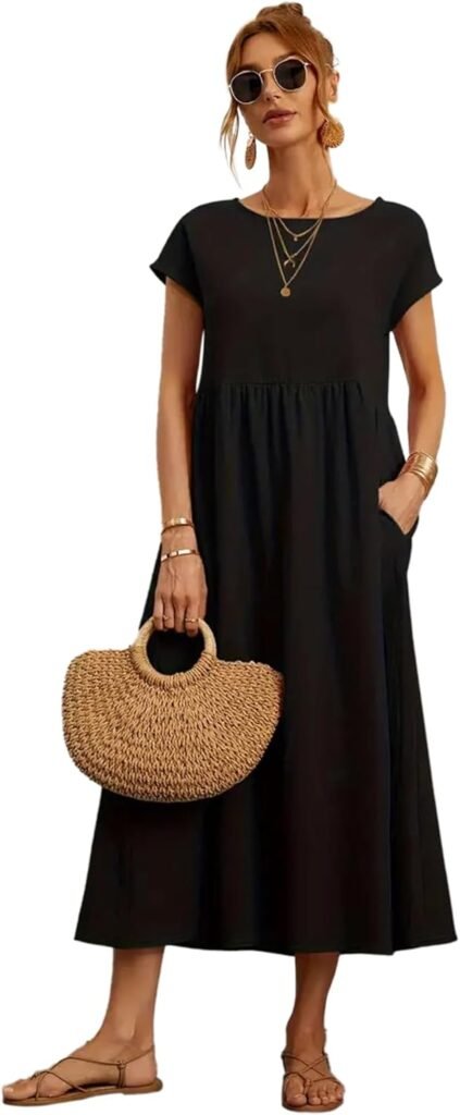 Hanaoops Womens Summer Maxi Dress Casual Short Sleeve Crew Neck Swing Dress Loose Comfy A Line Tunic Long Beach Dress with Pockets Hanaoops Womens Summer Maxi Dress Casual Short Sleeve Crew Neck Swing Dress Loose Comfy A Line Tunic Long Beach Dress with Pockets