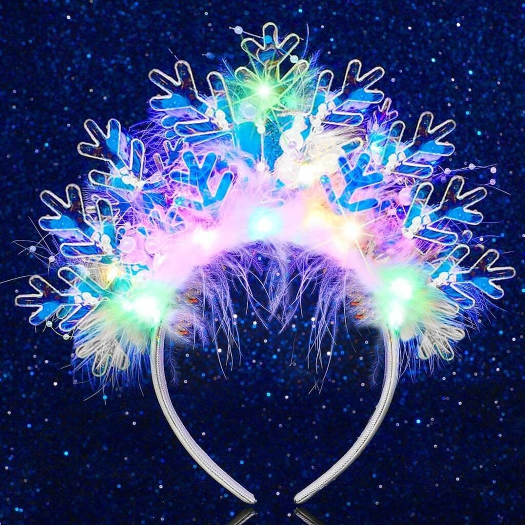 Handcess Light up Christmas Headband LED Snowflake Hair Band Glitter Glowing Feather Hair Hoop Xmas Pearl Hair Accessories for Women