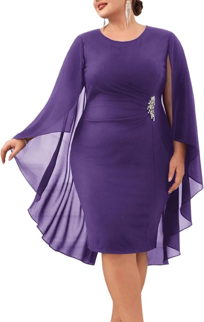 Hanna Nikole Women Chiffon Cape Cocktail Dress Plus Size Ruched Rhinestone Wedding Guest Dresses Bodycon Pencil Dress with Overlay Hanna Nikole Women Chiffon Cape Cocktail Dress Plus Size Ruched Rhinestone Wedding Guest Dresses Bodycon Pencil Dress with Overlay