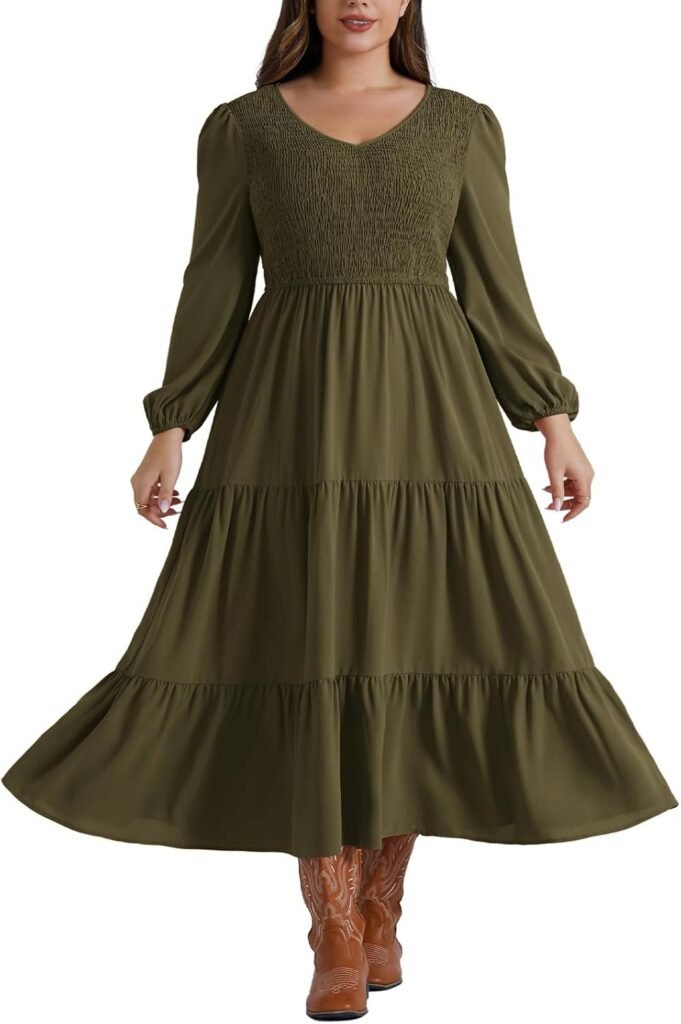 Hanna Nikole Women Plus Size Casual Dresses Elastic Waist Maxi Dress V-Neck Smocked A-Line Dress with Pockets