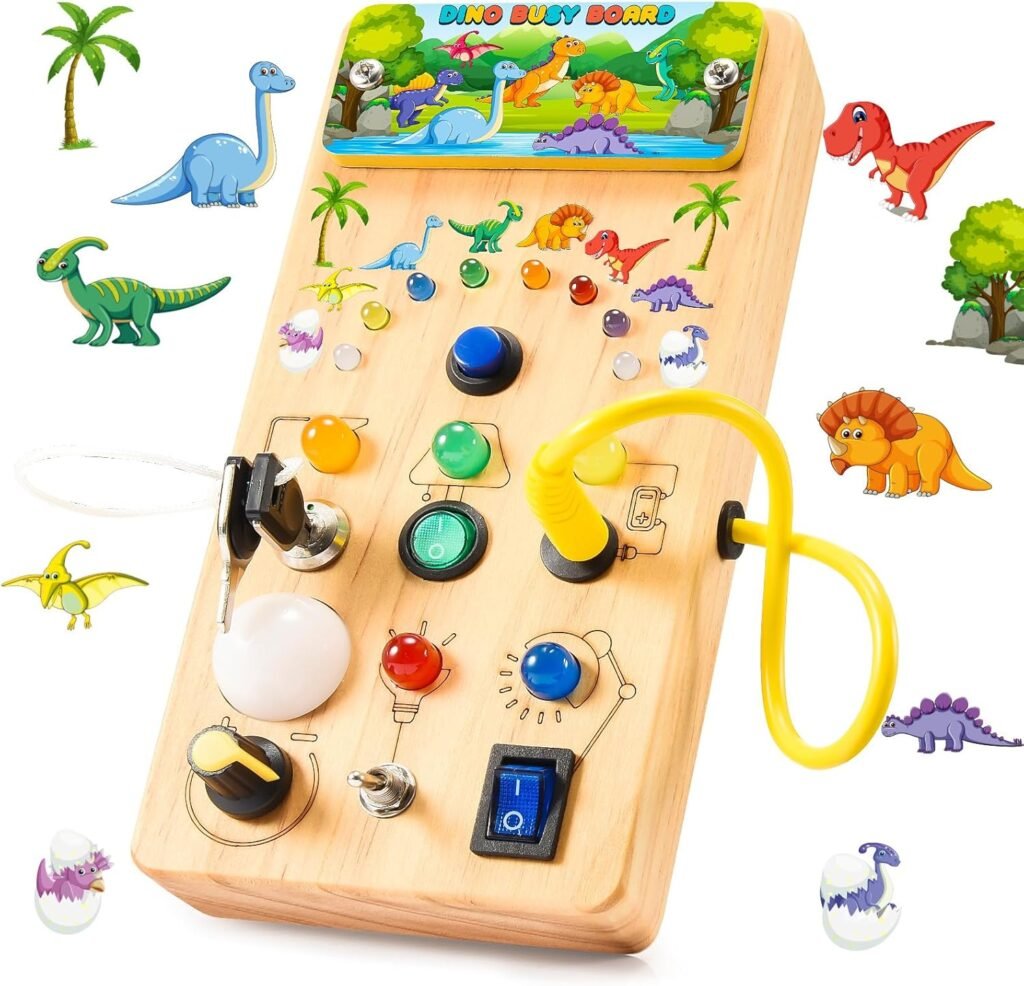 HappyGoLucky Dinosaur Busy Board 1-3 Year Old, Montessori Toys for 1-3 Year Olds Boys Girls Toddlers Toys Sensory Toys for Autism 1-3 Year Old Boys Toys age 1-3 Xmas Gifts for Kids Boys Birthday Gifts