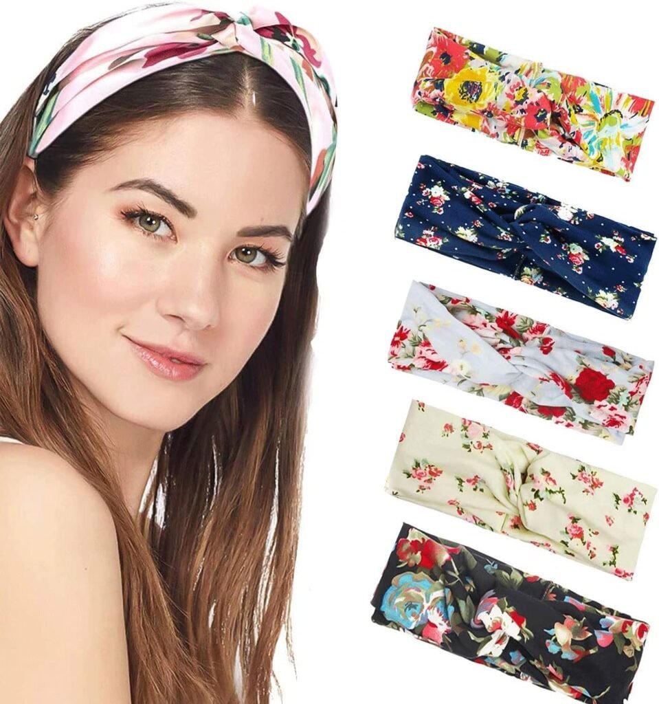 Headband Women Vintage Flower Headband Printed Head Scarf Elastic Hairband，Bandana Boho Hairbands Hair Accessories，5Pcs