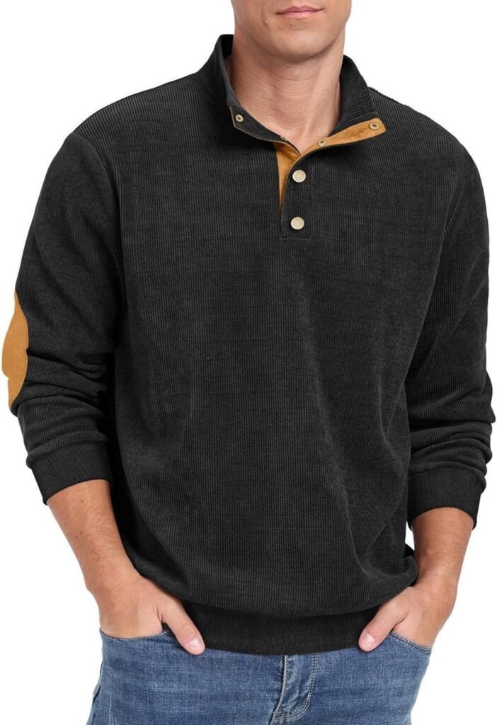 Hisir Mens Corduroy Sweatshirts Henley Neck Snap Buttons Stand Collar Long Sleeve Winter Sweatshirt Tops