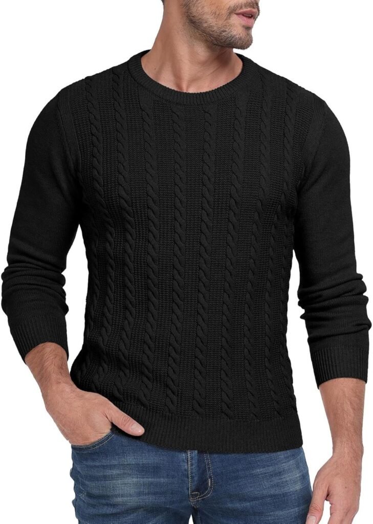 Hisir Mens Jumpers Cable Knit Winter Warm Crew Neck Long Sleeve Pullover Sweater for Men