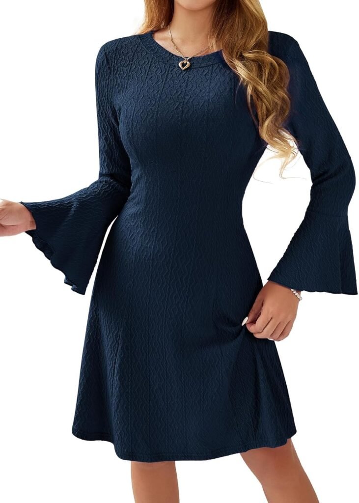 HomRain Fall Knit Dresses 2024 Casual Dresses for Women Ribbed A-Line Sweater Dress Crewneck Long Bell Sleeve Dress