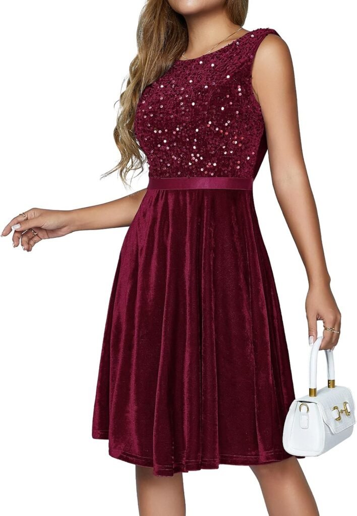 HomRain Women’s Velvet Dresses Sleeveless Sequin Cocktail Dress for Women MIdi Dress for Night Out Party Christmas