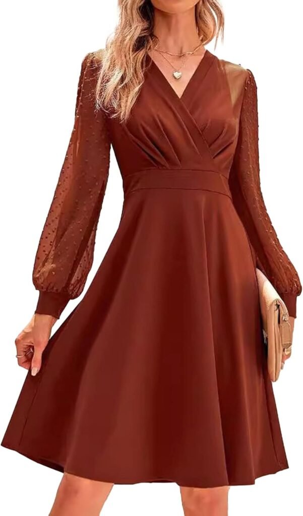IFFEI Women Dresses Long Sleeve V Neck Swiss Dot Solid Ladies Cocktail Evening Party Midi Dress IFFEI Women Dresses Long Sleeve V Neck Swiss Dot Solid Ladies Cocktail Evening Party Midi Dress