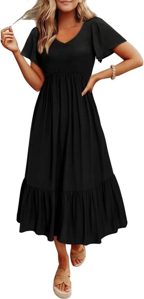 II ININ Women’s V Neck Lantern Long Sleeve A Line Smocked Elastic Waist Tiered Flowy Casual Midi Dress