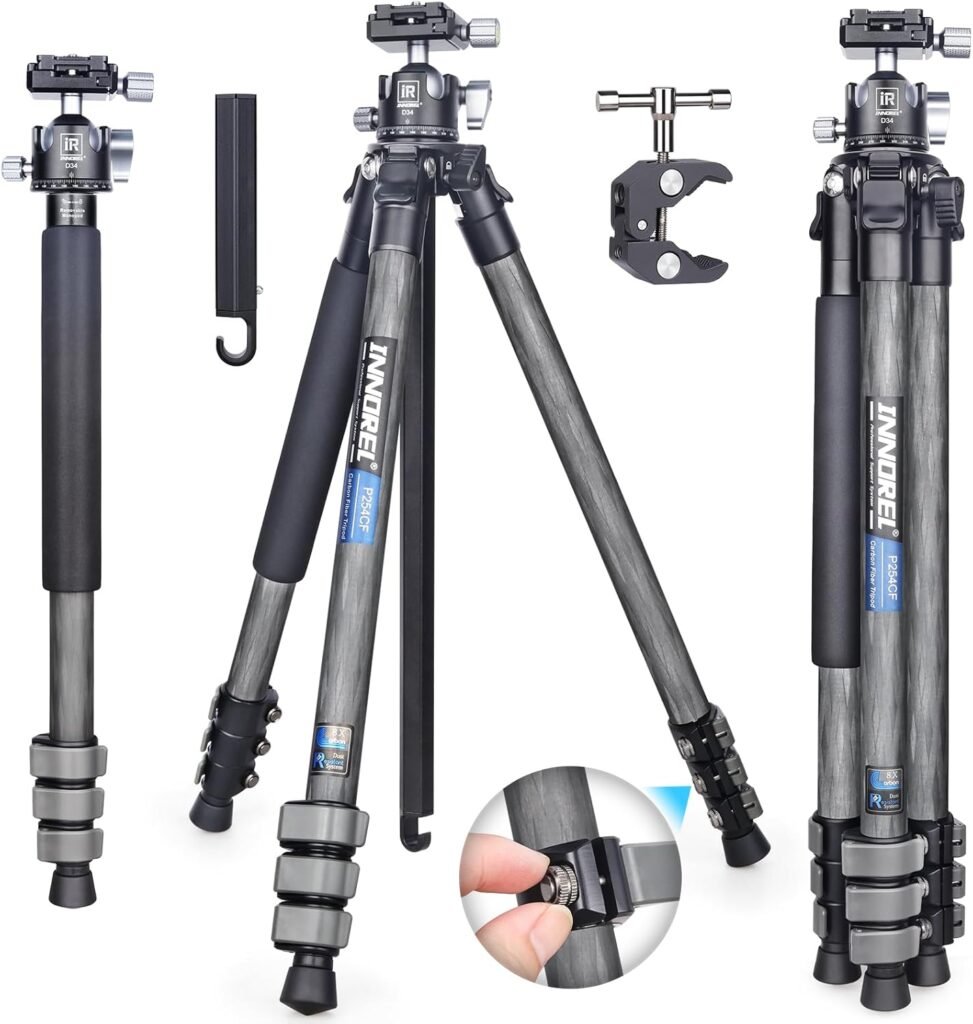 INNOREL P254CF 63″ Carbon Fiber Travel Tripod, Professional Compact Tripod for DSLR Digital Camera Travel with Low Gravity Center Ball Head Center Column