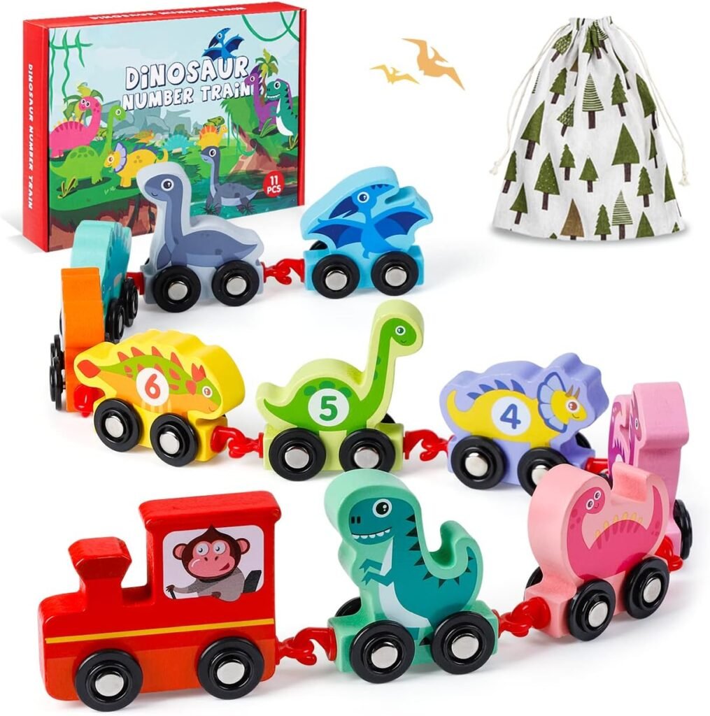 INSTOY Toddler Toys for 2 3 4 Year Olds Boys Gifts,Wooden Dinosaur Train Set, Montessori Car Toys for Kids Age 3-6,Learning Educational Toys for 2 3 4 5 Year Olds Girls Gifts