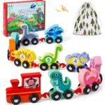 INSTOY Toddler Toys for 2 3 4 Year Olds Boys Gifts,Wooden Dinosaur Train Set, Montessori Car Toys for Kids Age 3-6,Learning Educational Toys for 2 3 4 5 Year Olds Girls Gifts