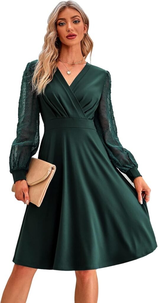 IWEMEK Elegant Women Swiss Dot Long Sleeve Wrap V-Neck A-line Cocktail Dress Fall Winter Wedding Guest Evening Party Prom Homecoming Vintage 1950s Knee Length Swing Dresses