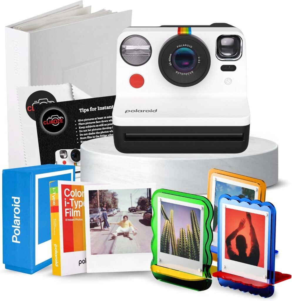 Instant Print Camera Bundle with Polaroid Now Gen 2 Instant Camera, Polaroid Colour i-Type Film, Polaroid Photo Holder, Polaroid Photo Album & Acrylic Photo Frames (Black & White)