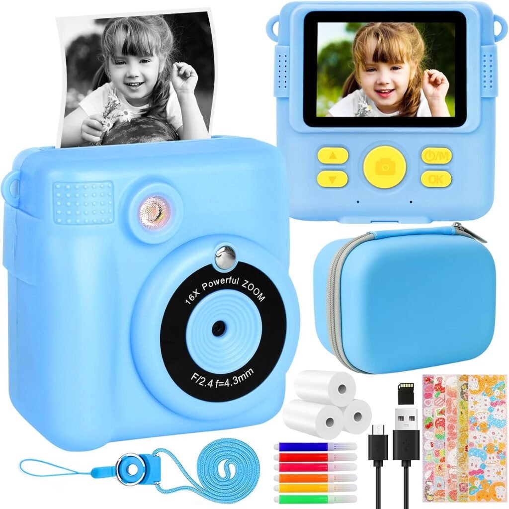 Instant Print Camera for Kids,Flexiver Christmas Birthday Gifts for Girls Boys Age 3-12,32GB SD Card HD Digital Video Cameras for Toddler,16x Digital Zoom,2.4″ Screen with Storage Bag (Blue)