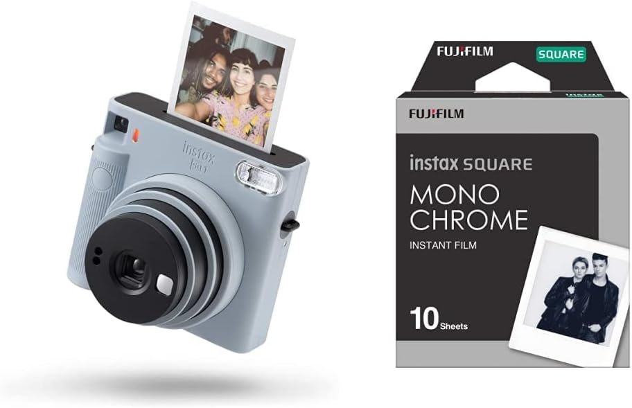 Instax SQUARE SQ1 instant film Camera, Automatic exposure and Built-in selfie lens, Glacier Blue & SQUARE instant film Monochrome, 10 shot pack, suitable for all SQUARE cameras and printers