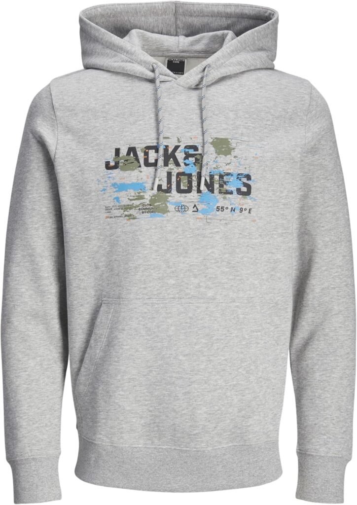 JACK & JONES Men’s Hoodie with Adjustable Drawstring Bold Logo Print Design Fleece Lining Kangaroo Pocket Sweatshirt for Men, Size- S to 2XL