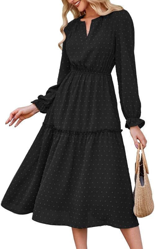 JASAMBAC Long Sleeve Dresses for Women Vitange Wedding Guest Dresses Swiss Dot Pleated A Line Dresses Cocktail Dresses V Neck Casual Dress Semi Formal Dresses Boho Flowy Dresses Midi Dress