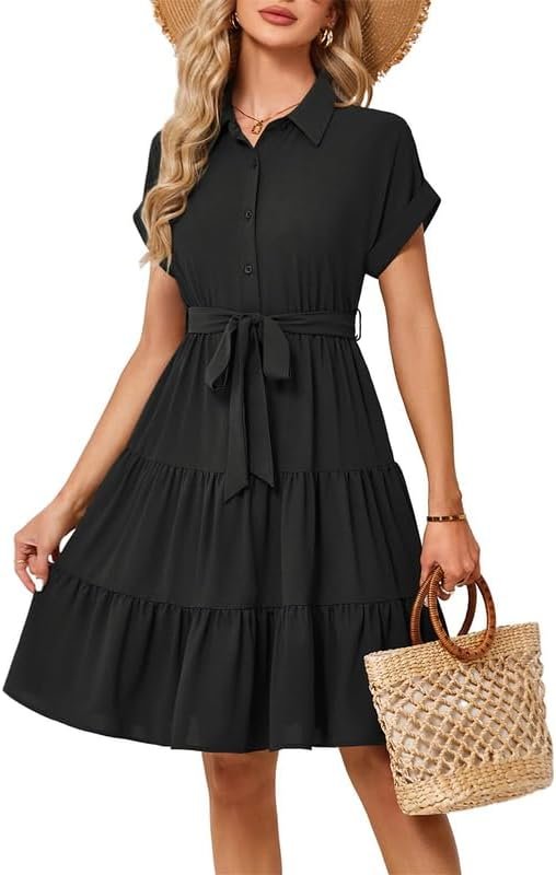 JASAMBAC Women’s Button Down Shirt Dress Casual Summer Dresses Collared Polo Neck Midi Dress Ruffle Pleated A Line Elegant Dresses Flowy Dress with Pockets