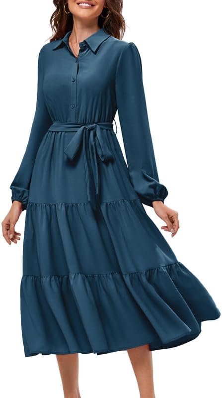 JASAMBAC Women’s Button Down Shirt Dress Long Sleeve Casual Dresses Collared Tiered Dress Polo Neck Midi Dresses Ruffle Pleated A Line Elegant Dresses Flowy Dress with Pockets JASAMBAC Women’s Button Down Shirt Dress Long Sleeve Casual Dresses Collared Tiered Dress Polo Neck Midi Dresses Ruffle Pleated A Line Elegant Dresses Flowy Dress with Pockets
