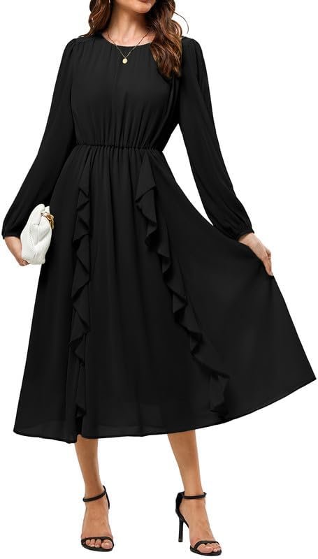 JASAMBAC Womens Wedding Guest Dresses Semi Formal Dress Long Sleeves Elegant Chiffon Dresses Crew Neck A-Line Midi Dress Flowy Cotail Dreess Ruffles Evening Dresses