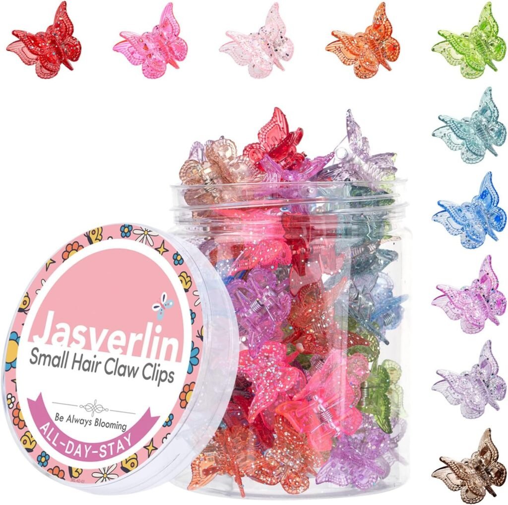 JASVERLIN Glitter Small Butterfly Hair Clips, Sparkly Colorful Hair Accessories for Girls and Women – 90s Y2K Cute, Mini, Tiny Claw Clips in 10 Assorted Colors, Set of 50 (Glitter Color)