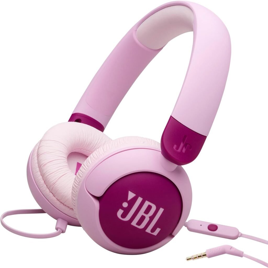 JBL Junior 320, Wired On-Ear Headphones for Kids with Built-In Mic, Safe Sound, Low Volume, 12 mm Thick Soft Pad and Sticker Set, Ultra-Portable Design, in Purple