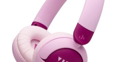 JBL Junior 320, Wired On-Ear Headphones for Kids with Built-In Mic, Safe Sound, Low Volume, 12 mm Thick Soft Pad and Sticker Set, Ultra-Portable Design, in Purple