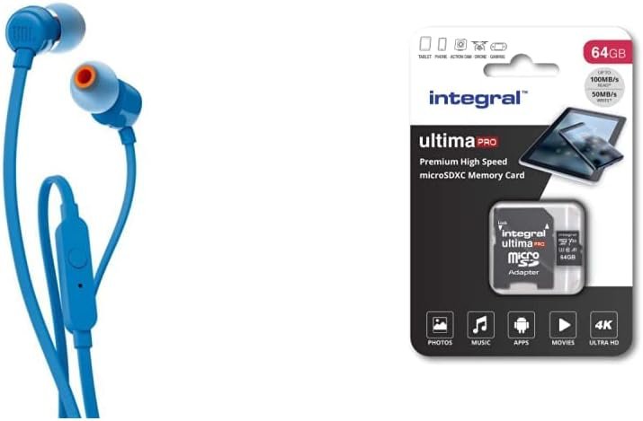 JBL T110 Wired In-Ear Headphones Pure Bass Sound, in Blue & 64GB Micro SD Card 4K Ultra-HD Video Premium High Speed Memory Microsdxc Up To 100MB/S V30 UHS-I U3 A1 C10, by Integral JBL T110 Wired In-Ear Headphones Pure Bass Sound, in Blue & 64GB Micro SD Card 4K Ultra-HD Video Premium High Speed Memory Microsdxc Up To 100MB/S V30 UHS-I U3 A1 C10, by Integral