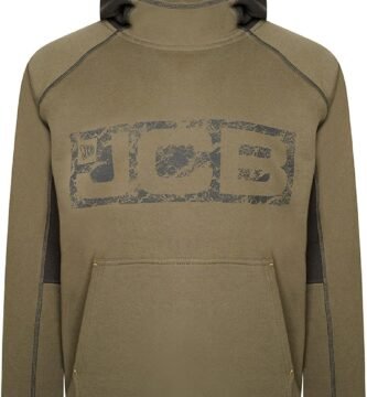 JCB – Horton Hoodie, X-Large – Made with 80% Cotton & 20% Polyester – Hoodies for Men Branding Details – Mens Clothes – Cordura Fabric Elbow Patches – 320gsm – Olive/Black