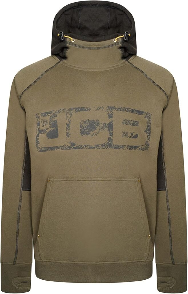 JCB – Horton Hoodie, X-Large – Made with 80% Cotton & 20% Polyester – Hoodies for Men Branding Details – Mens Clothes – Cordura Fabric Elbow Patches – 320gsm – Olive/Black