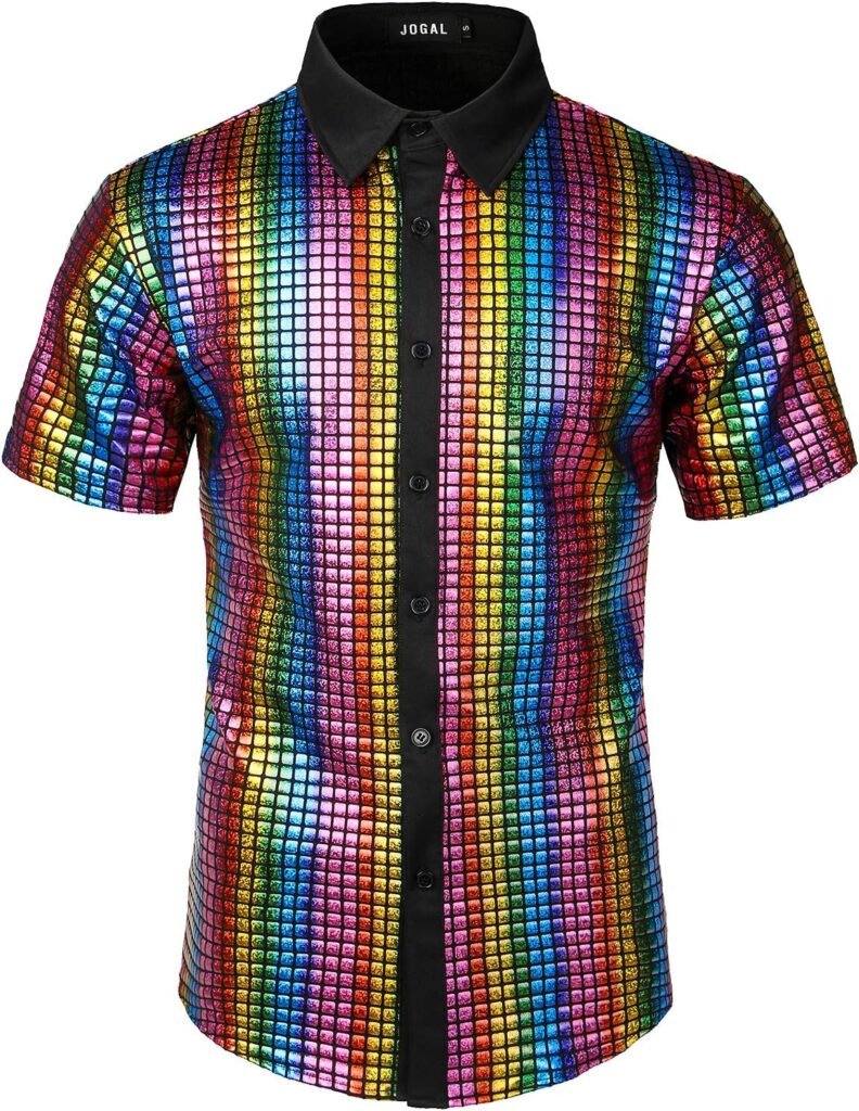 JOGAL Men’s Dress Shirt Sequins Button Down Short Sleeve Shirts 70s Disco Party Costume