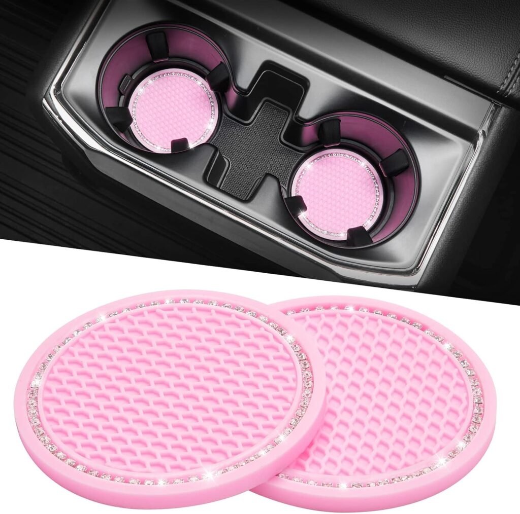 JOYTUTUS Car Cup Holder Coaster, 2.67 inch Universal Car Cup Holder Insert with Crystal Rhinestone, 2 Pcs Anti Slip Cup Holder Coasters for Car, Car Accessories for Women (Pink with Diamond)