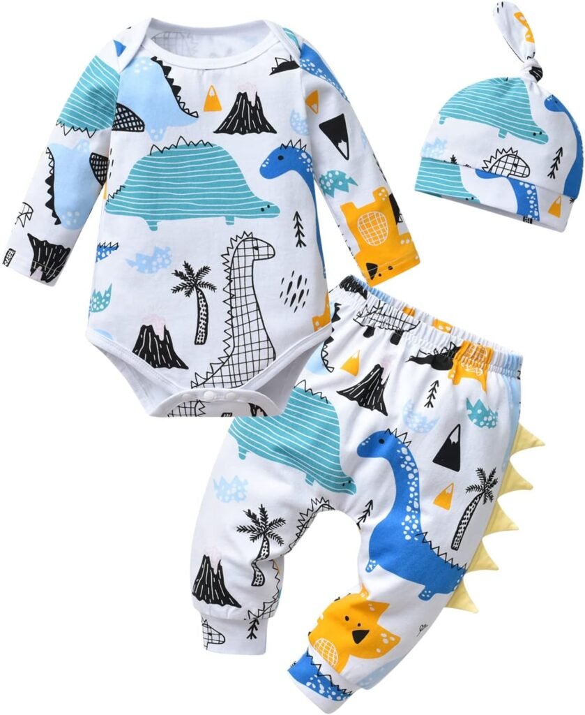 Joureker Newborn Baby Boy Clothes Graffiti Pattern Print Romper + Pants + Hat 3Pcs Outfits Set White